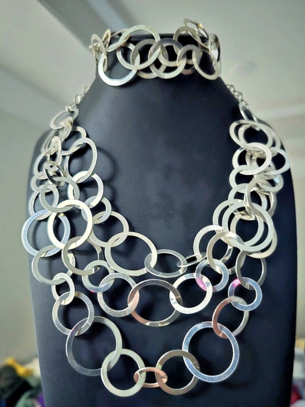 Vintage Karizia Spa Italy Sterling Silver Layered OpenRing Necklace Bracelet Set